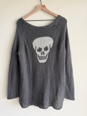 Wooden Ships Gray Skull Back Sweater M/L Mohair Wool Blend Oversized Boat Neck